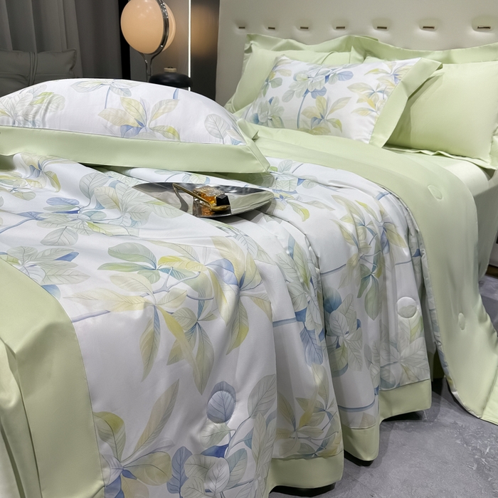 91家纺网 家纺一手货源 找家纺 爱彼家纺 2026夏季热门数码冰丝水墨画风单夏被凉感冰丝夏被四件套 夏被-绿叶花园