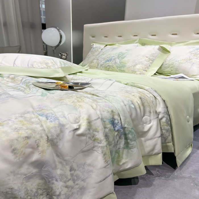 91家纺网 家纺一手货源 找家纺 爱彼家纺 2026夏季热门数码冰丝水墨画风单夏被凉感冰丝夏被四件套 夏被-森林密语