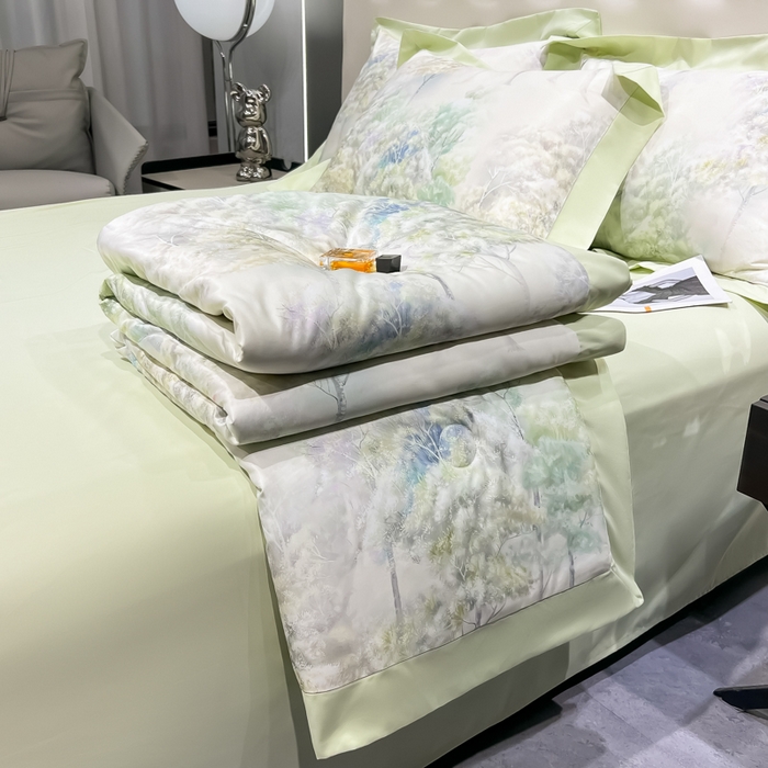91家纺网 家纺一手货源 找家纺 爱彼家纺 2026夏季热门数码冰丝水墨画风单夏被凉感冰丝夏被四件套 夏被-森林密语
