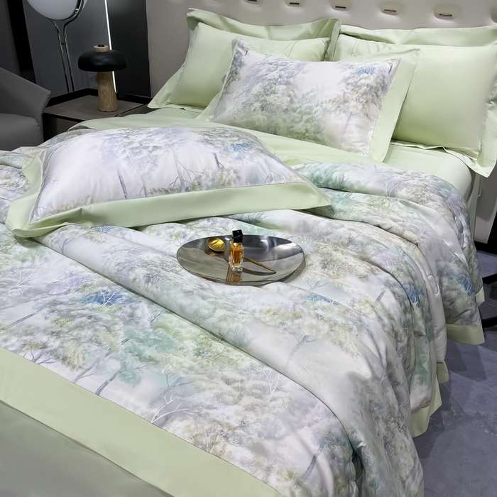 91家纺网 家纺一手货源 找家纺 爱彼家纺 2026夏季热门数码冰丝水墨画风单夏被凉感冰丝夏被四件套 夏被-森林密语