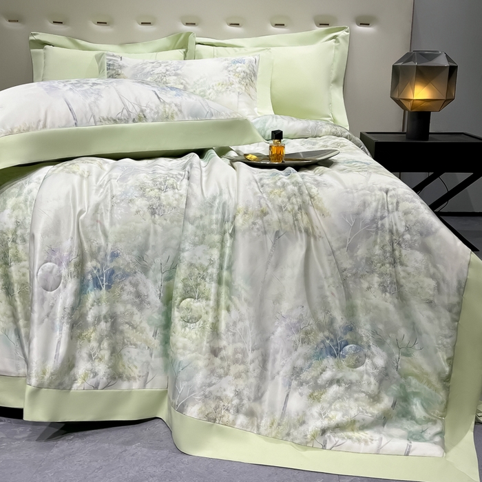 91家纺网 家纺一手货源 找家纺 爱彼家纺 2026夏季热门数码冰丝水墨画风单夏被凉感冰丝夏被四件套 夏被-森林密语