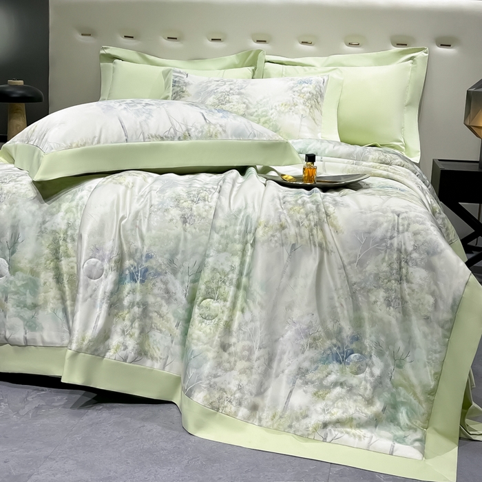 91家纺网 家纺一手货源 找家纺 爱彼家纺 2026夏季热门数码冰丝水墨画风单夏被凉感冰丝夏被四件套 夏被-森林密语