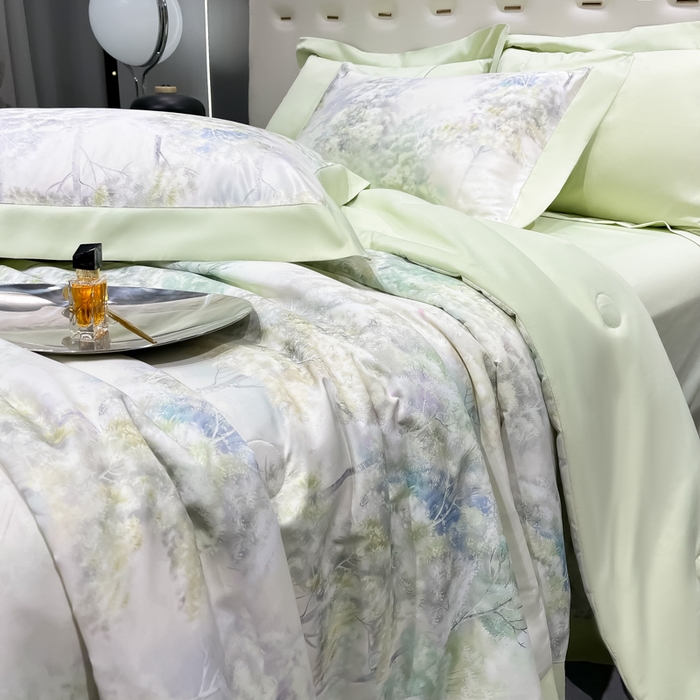 91家纺网 家纺一手货源 找家纺 爱彼家纺 2026夏季热门数码冰丝水墨画风单夏被凉感冰丝夏被四件套 夏被-森林密语