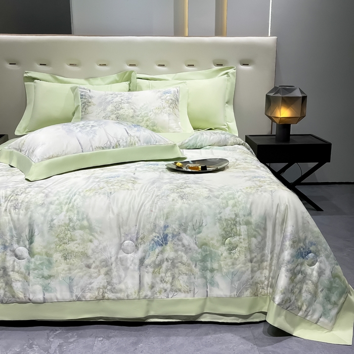 91家纺网 家纺一手货源 找家纺 爱彼家纺 2026夏季热门数码冰丝水墨画风单夏被凉感冰丝夏被四件套 夏被-森林密语