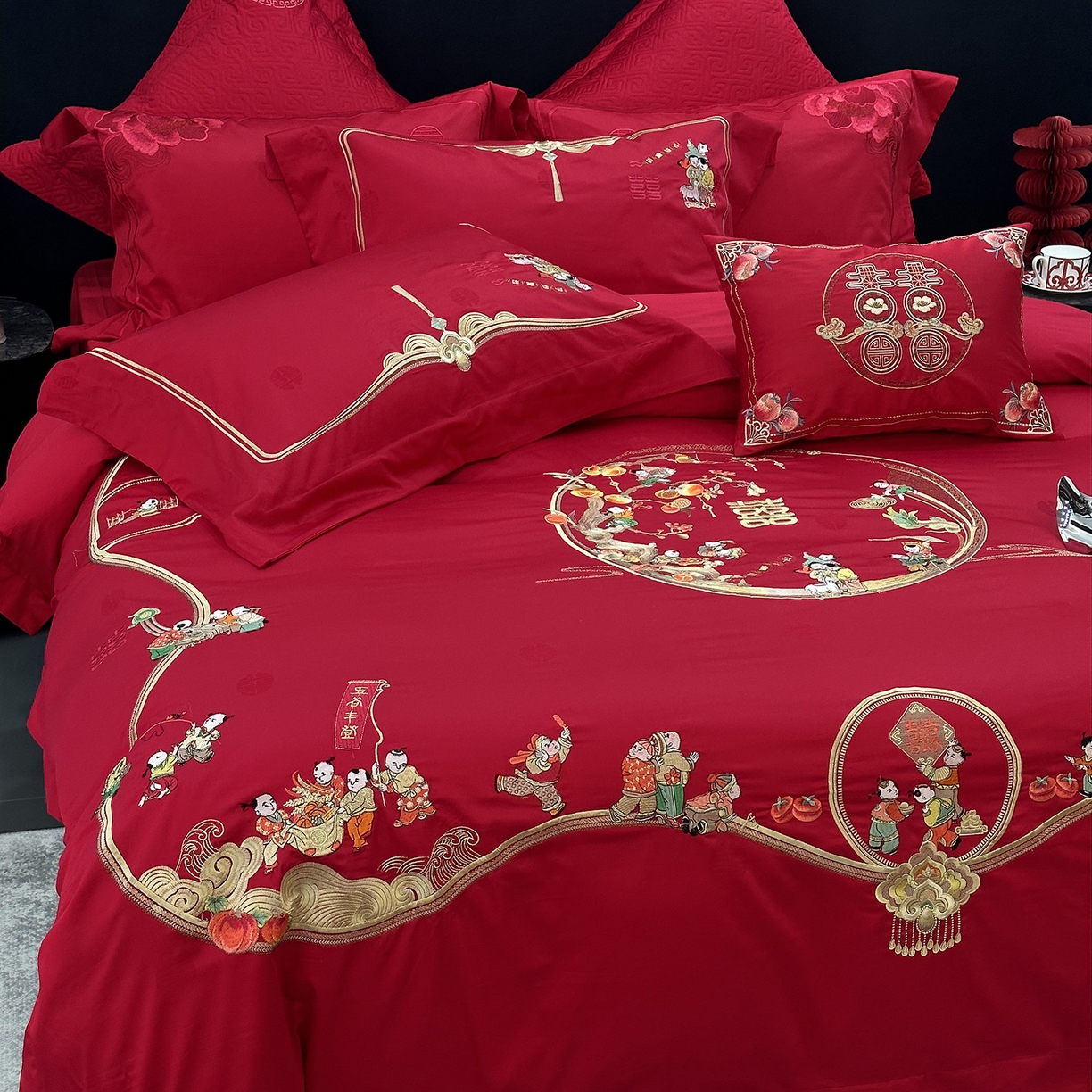 91家纺网 家纺一手货源 找家纺 （总）JUICY 橘滋家纺 2026新款全棉提花高端婚庆刺绣传臻系列四件套多件套