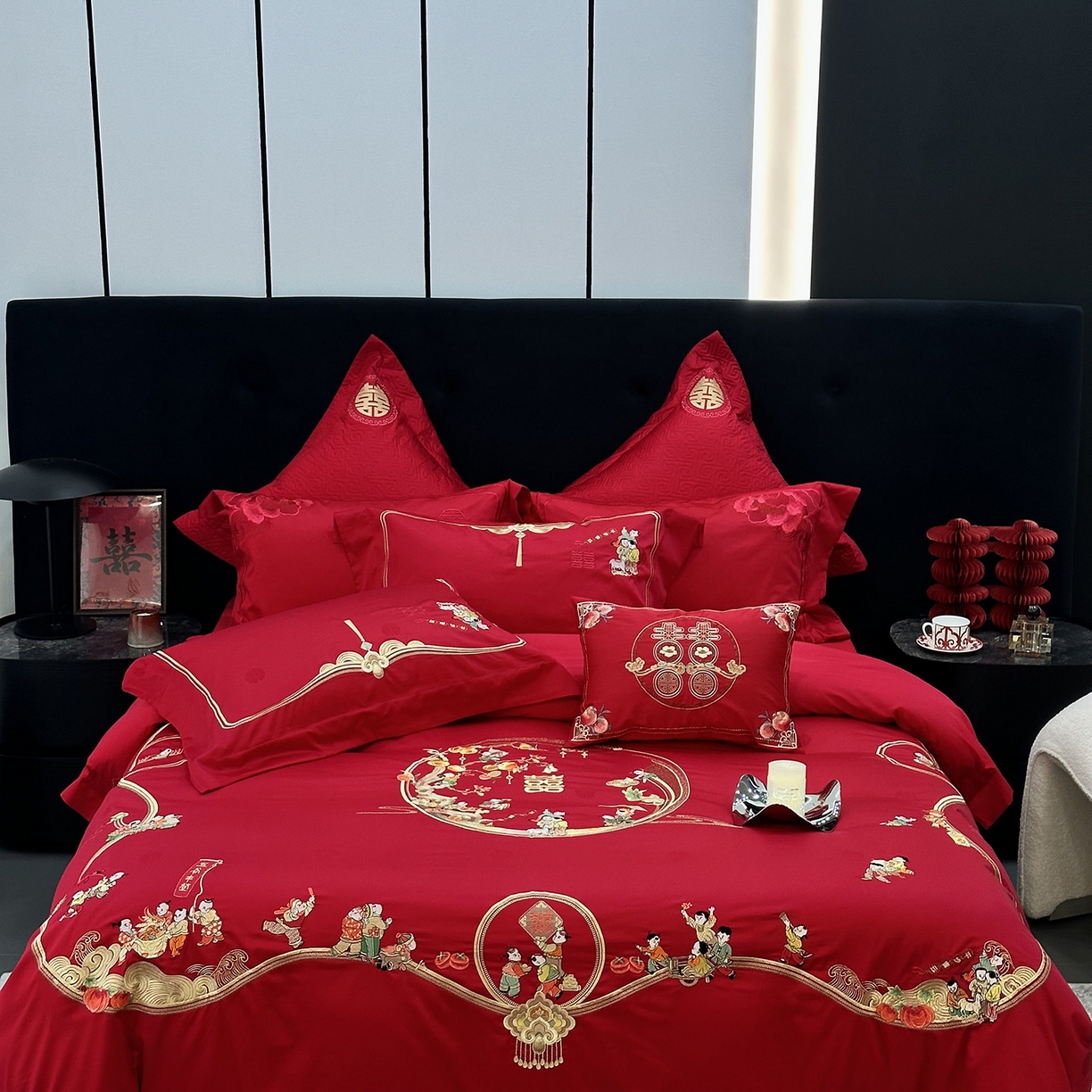 JUICY 橘滋家纺 2026新款全棉提花高端婚庆刺绣传臻系列四件套多件套 百子嬉春