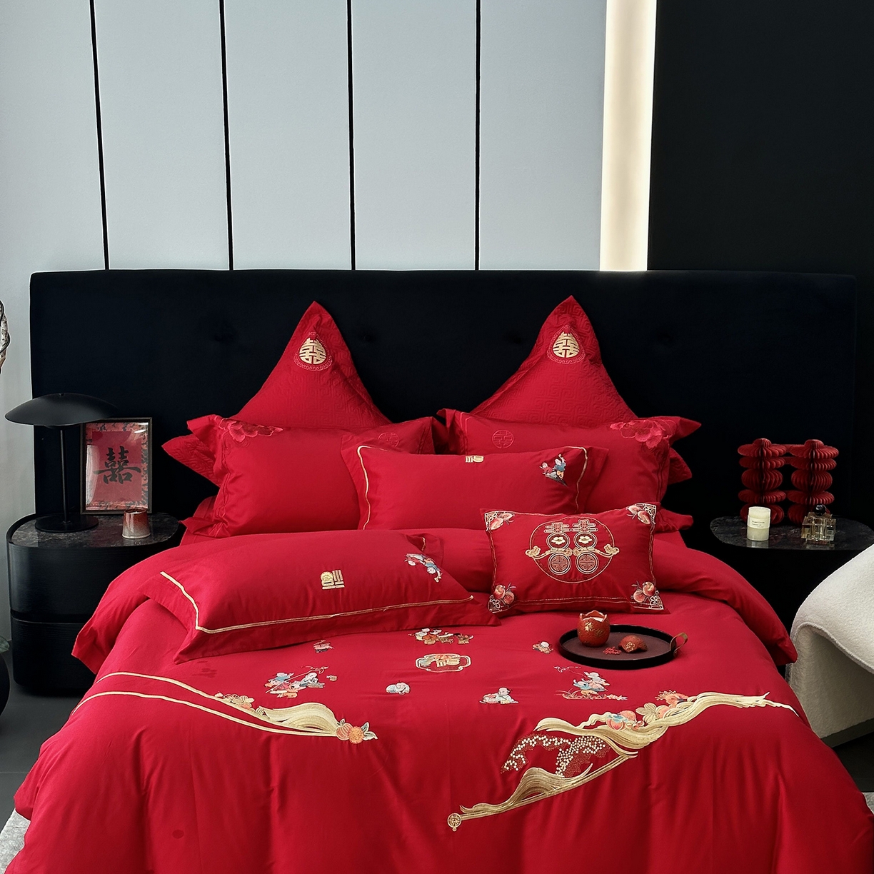 JUICY 橘滋家纺 2026新款全棉提花高端婚庆刺绣传臻系列四件套多件套 福禄绵延