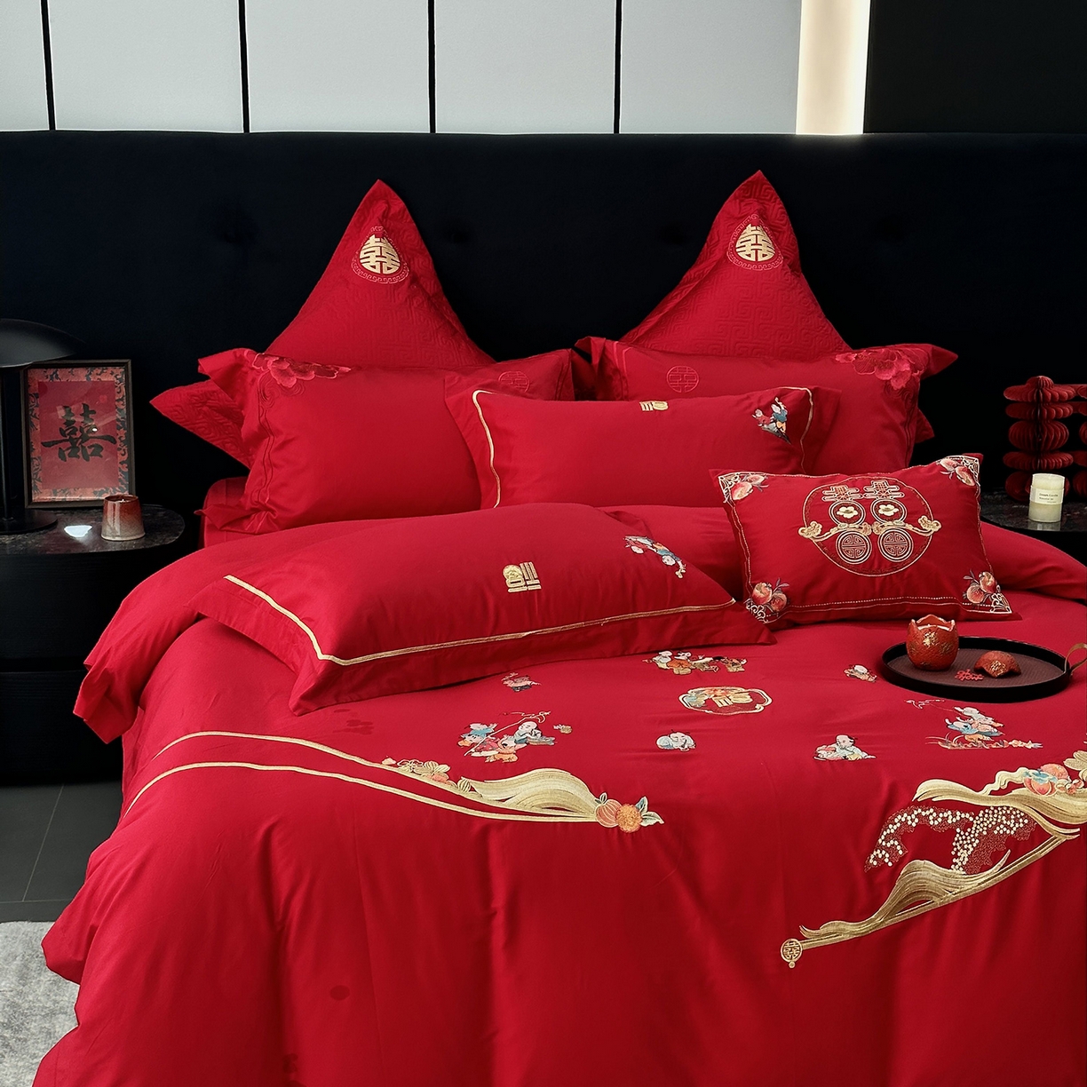 91家纺网 家纺一手货源 找家纺 JUICY 橘滋家纺 2026新款全棉提花高端婚庆刺绣传臻系列四件套多件套 福禄绵延