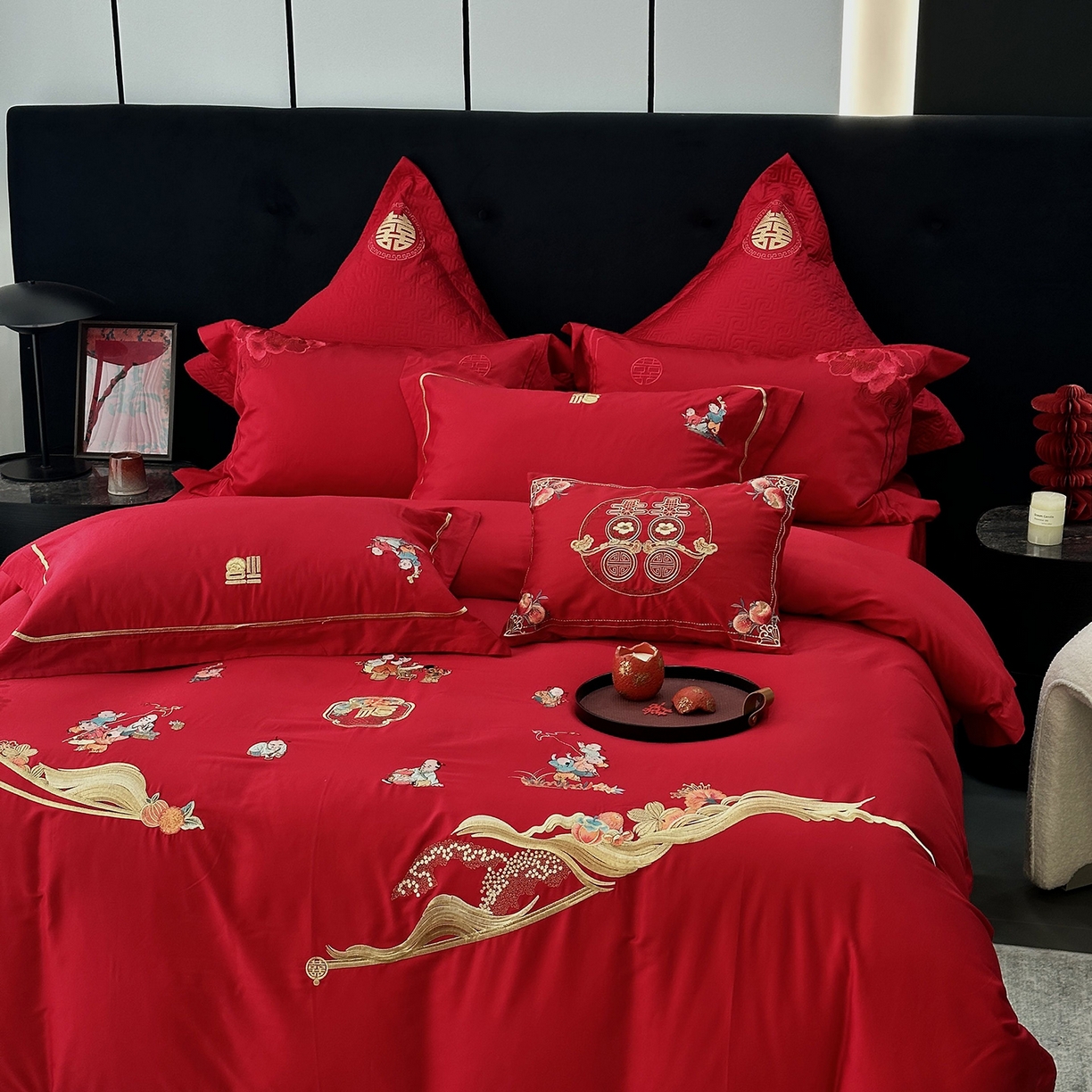 91家纺网 家纺一手货源 找家纺 JUICY 橘滋家纺 2026新款全棉提花高端婚庆刺绣传臻系列四件套多件套 福禄绵延