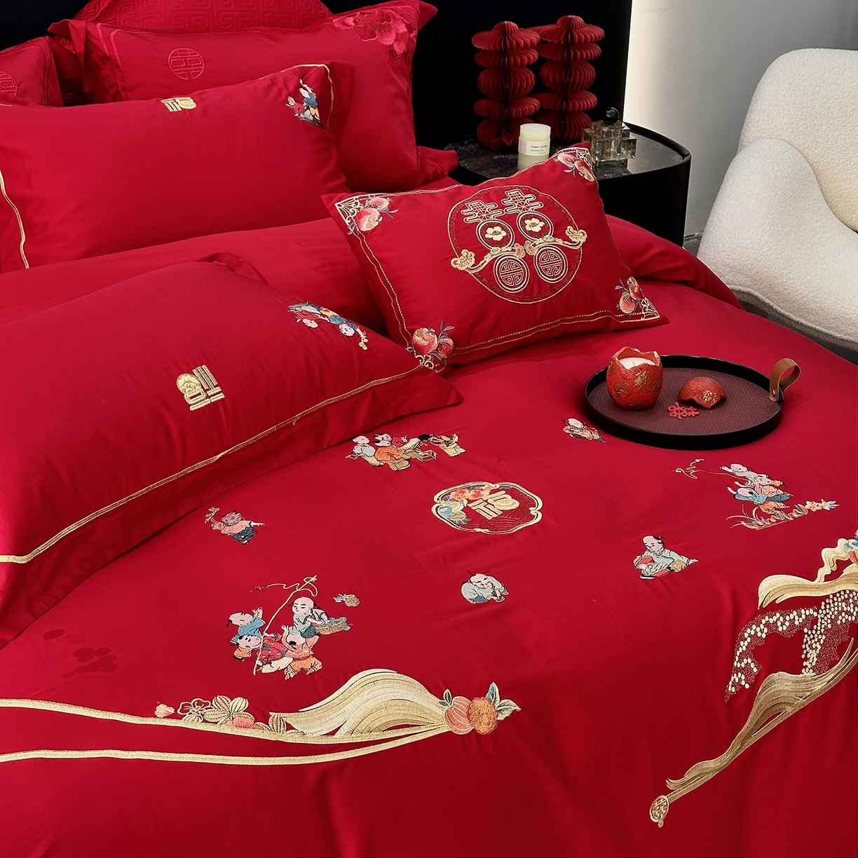 91家纺网 家纺一手货源 找家纺 JUICY 橘滋家纺 2026新款全棉提花高端婚庆刺绣传臻系列四件套多件套 福禄绵延