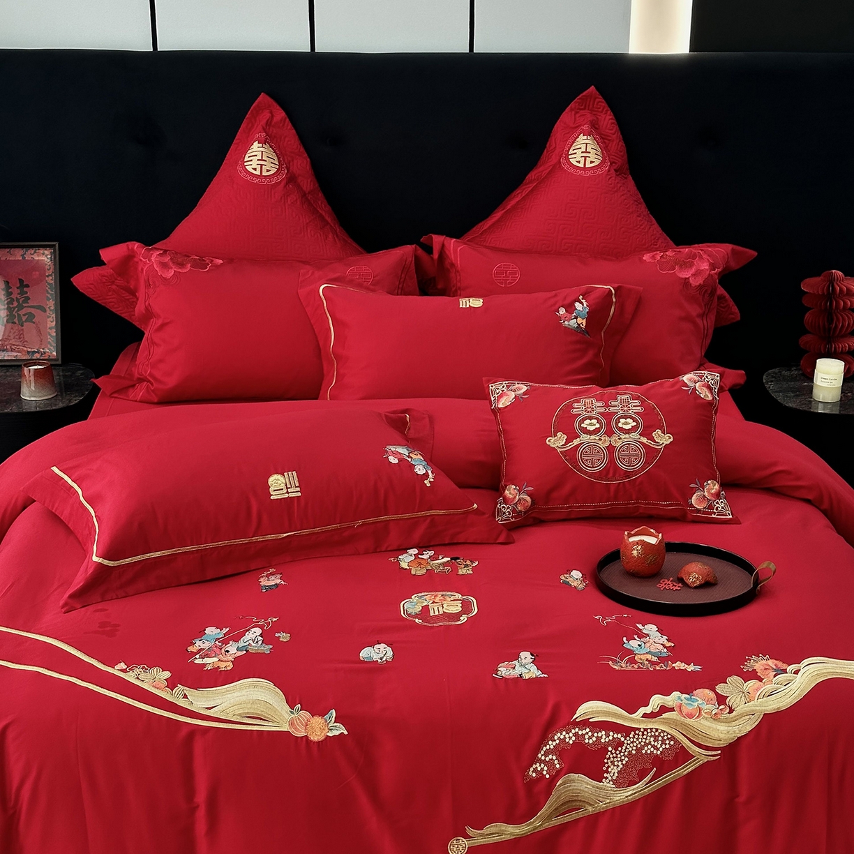 91家纺网 家纺一手货源 找家纺 JUICY 橘滋家纺 2026新款全棉提花高端婚庆刺绣传臻系列四件套多件套 福禄绵延