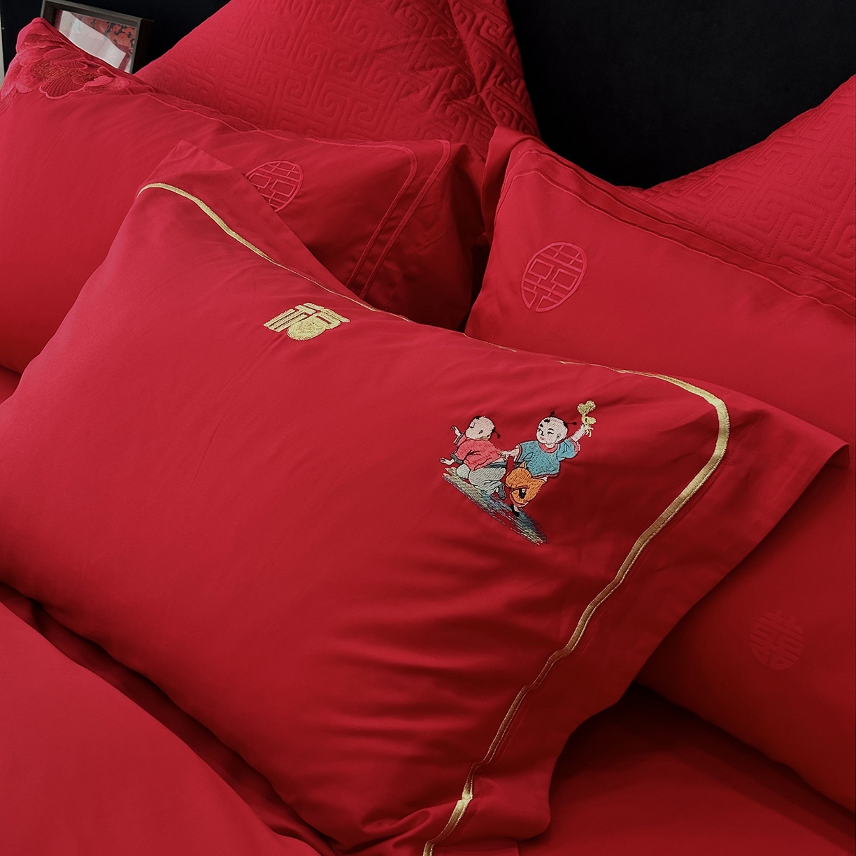 91家纺网 家纺一手货源 找家纺 JUICY 橘滋家纺 2026新款全棉提花高端婚庆刺绣传臻系列四件套多件套 福禄绵延