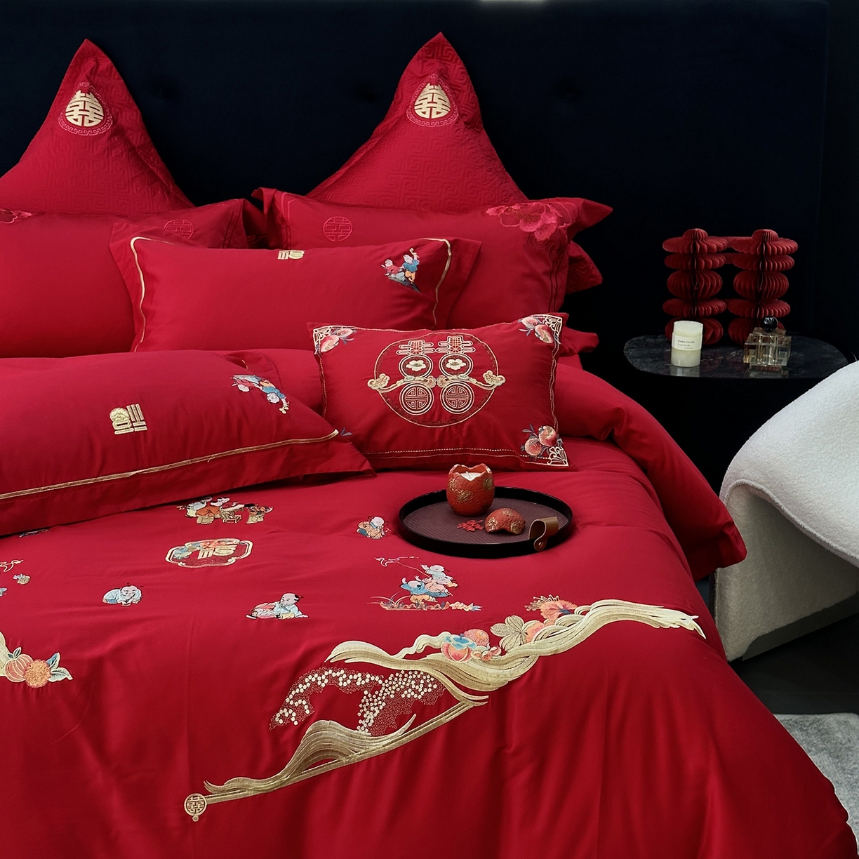 91家纺网 家纺一手货源 找家纺 JUICY 橘滋家纺 2026新款全棉提花高端婚庆刺绣传臻系列四件套多件套 福禄绵延