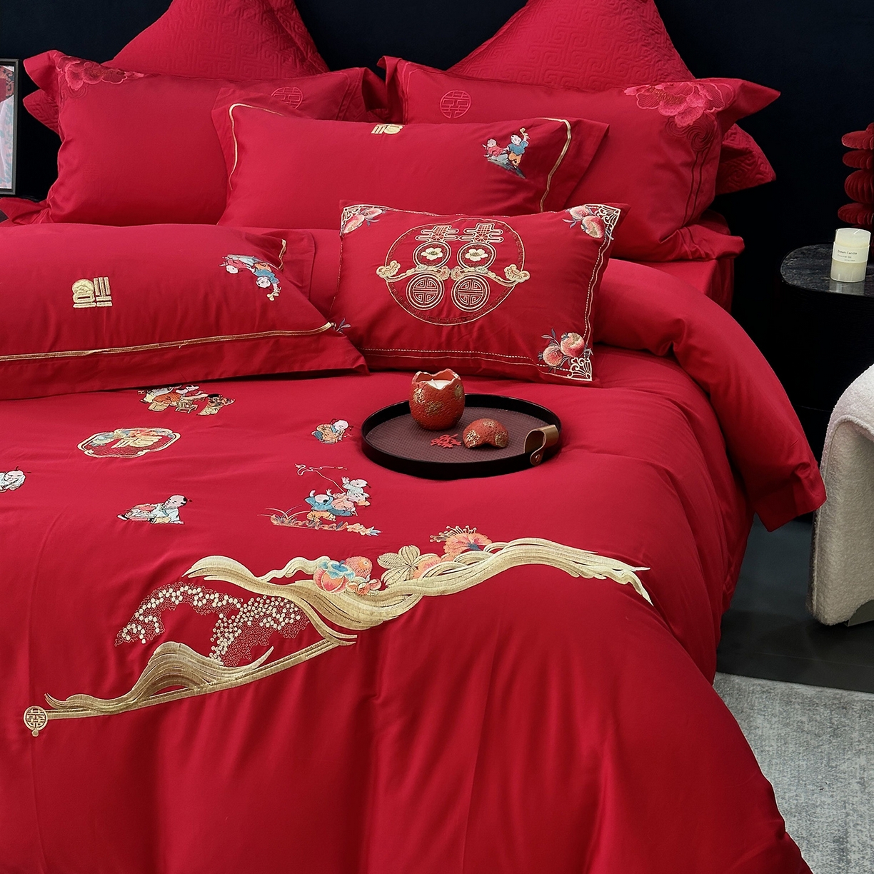 91家纺网 家纺一手货源 找家纺 JUICY 橘滋家纺 2026新款全棉提花高端婚庆刺绣传臻系列四件套多件套 福禄绵延