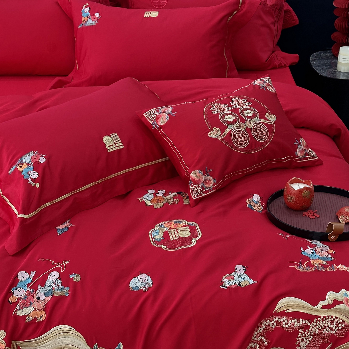 91家纺网 家纺一手货源 找家纺 JUICY 橘滋家纺 2026新款全棉提花高端婚庆刺绣传臻系列四件套多件套 福禄绵延