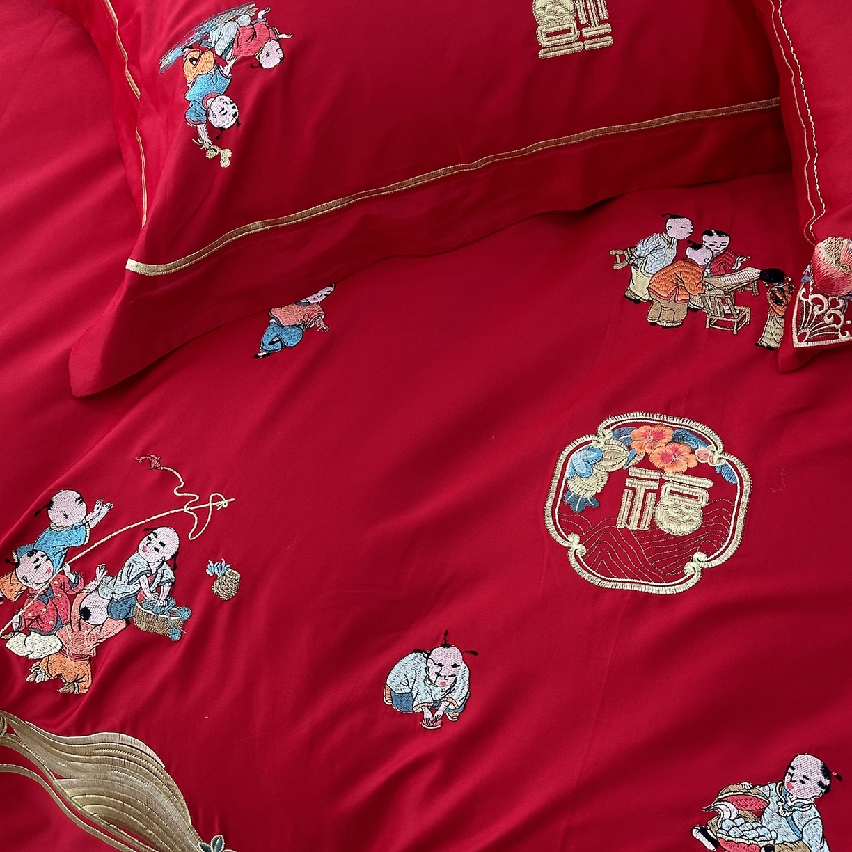 91家纺网 家纺一手货源 找家纺 JUICY 橘滋家纺 2026新款全棉提花高端婚庆刺绣传臻系列四件套多件套 福禄绵延