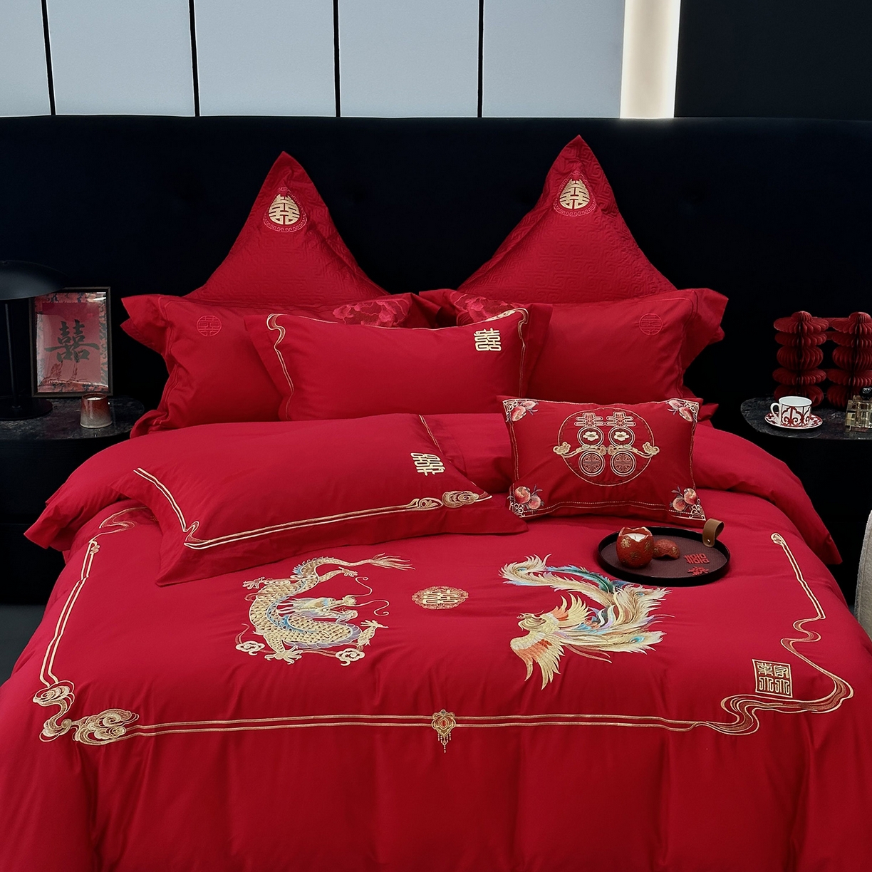 91家纺网 家纺一手货源 找家纺 JUICY 橘滋家纺 2026新款全棉提花高端婚庆刺绣传臻系列四件套多件套 和和美美