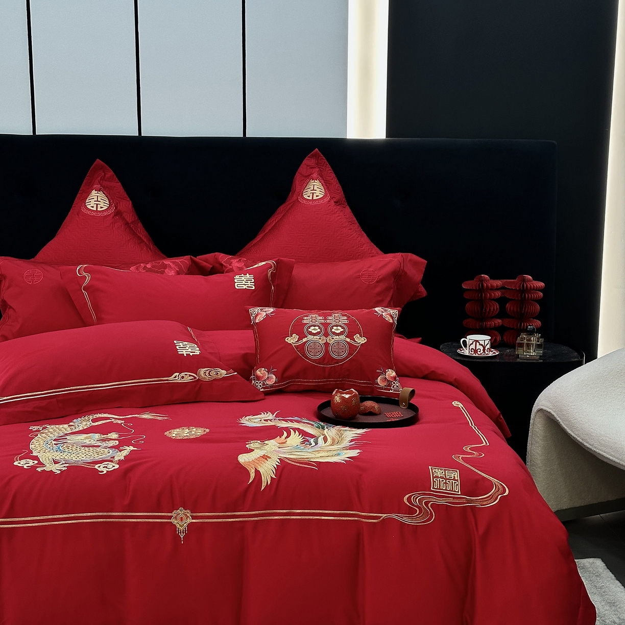 91家纺网 家纺一手货源 找家纺 JUICY 橘滋家纺 2026新款全棉提花高端婚庆刺绣传臻系列四件套多件套 和和美美