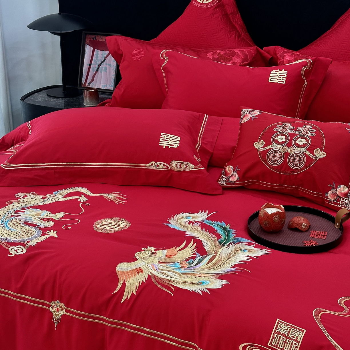 91家纺网 家纺一手货源 找家纺 JUICY 橘滋家纺 2026新款全棉提花高端婚庆刺绣传臻系列四件套多件套 和和美美