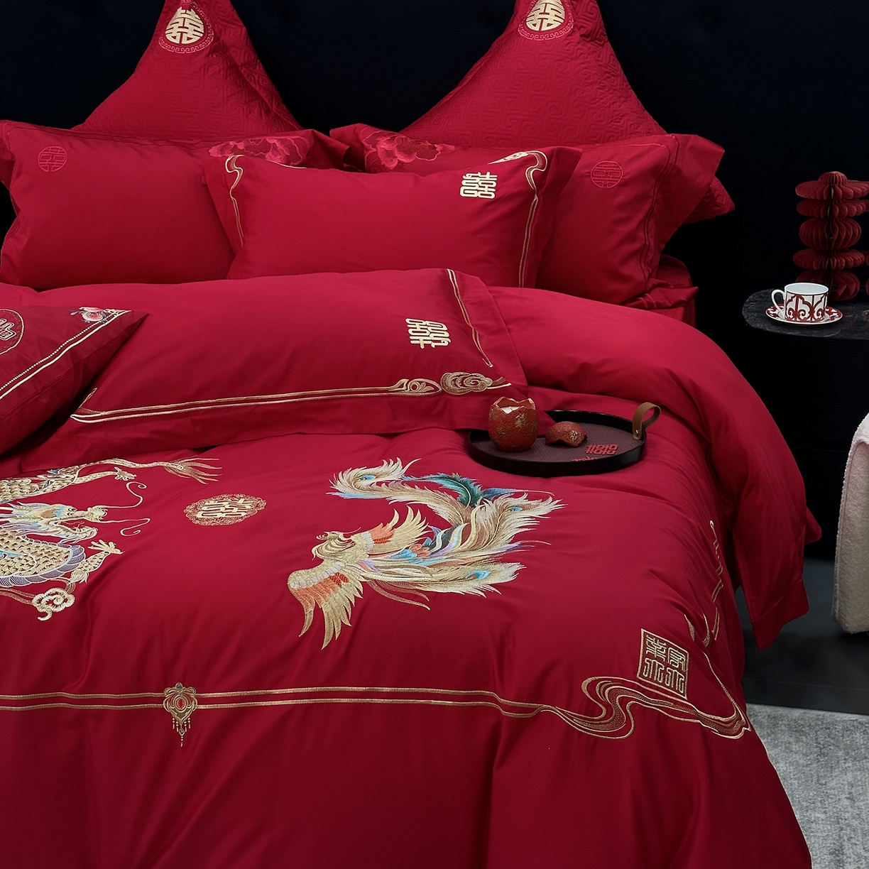 91家纺网 家纺一手货源 找家纺 JUICY 橘滋家纺 2026新款全棉提花高端婚庆刺绣传臻系列四件套多件套 和和美美