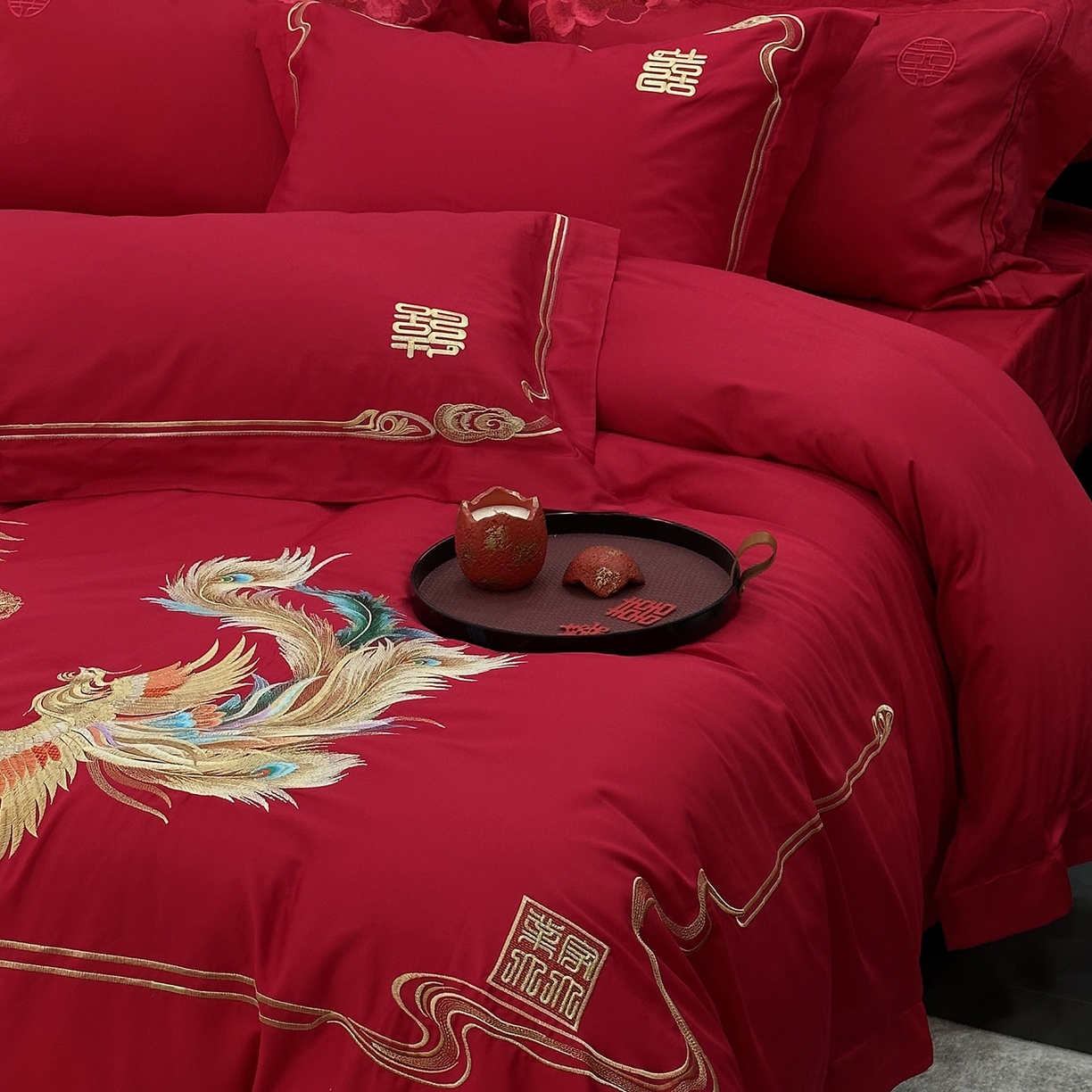 91家纺网 家纺一手货源 找家纺 JUICY 橘滋家纺 2026新款全棉提花高端婚庆刺绣传臻系列四件套多件套 和和美美