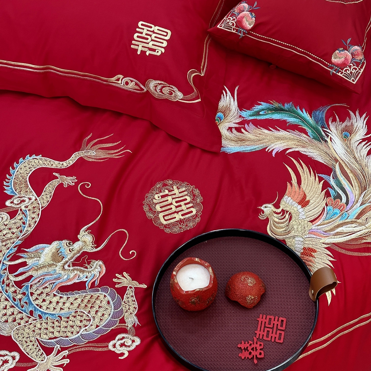 91家纺网 家纺一手货源 找家纺 JUICY 橘滋家纺 2026新款全棉提花高端婚庆刺绣传臻系列四件套多件套 和和美美