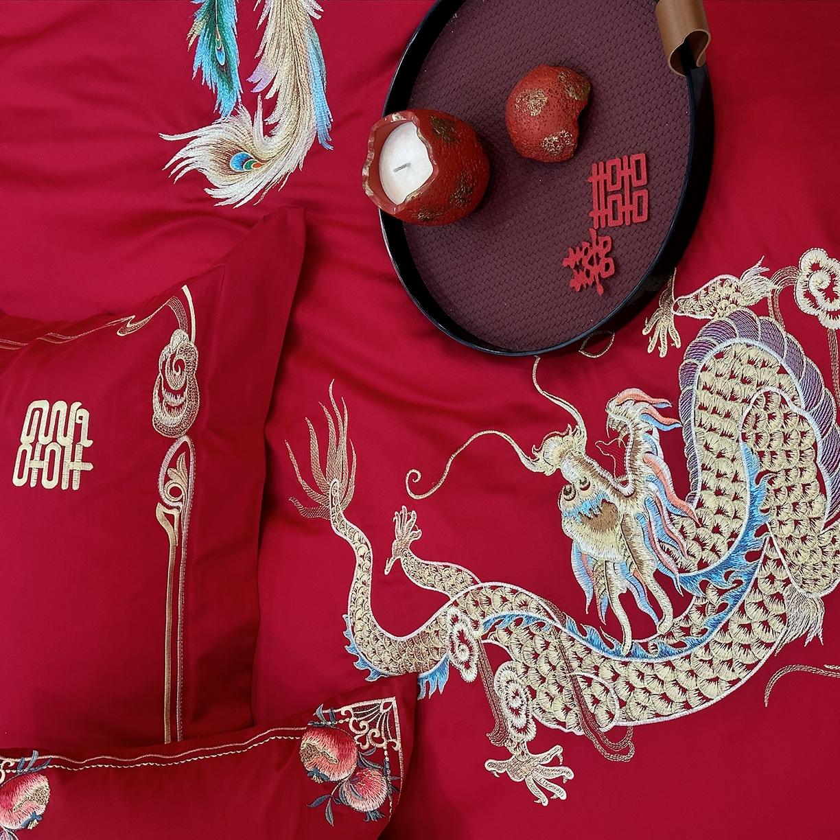 91家纺网 家纺一手货源 找家纺 JUICY 橘滋家纺 2026新款全棉提花高端婚庆刺绣传臻系列四件套多件套 和和美美