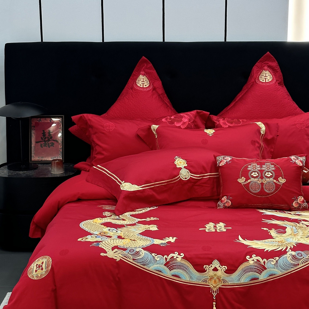 91家纺网 家纺一手货源 找家纺 JUICY 橘滋家纺 2026新款全棉提花高端婚庆刺绣传臻系列四件套多件套 龙凤良缘