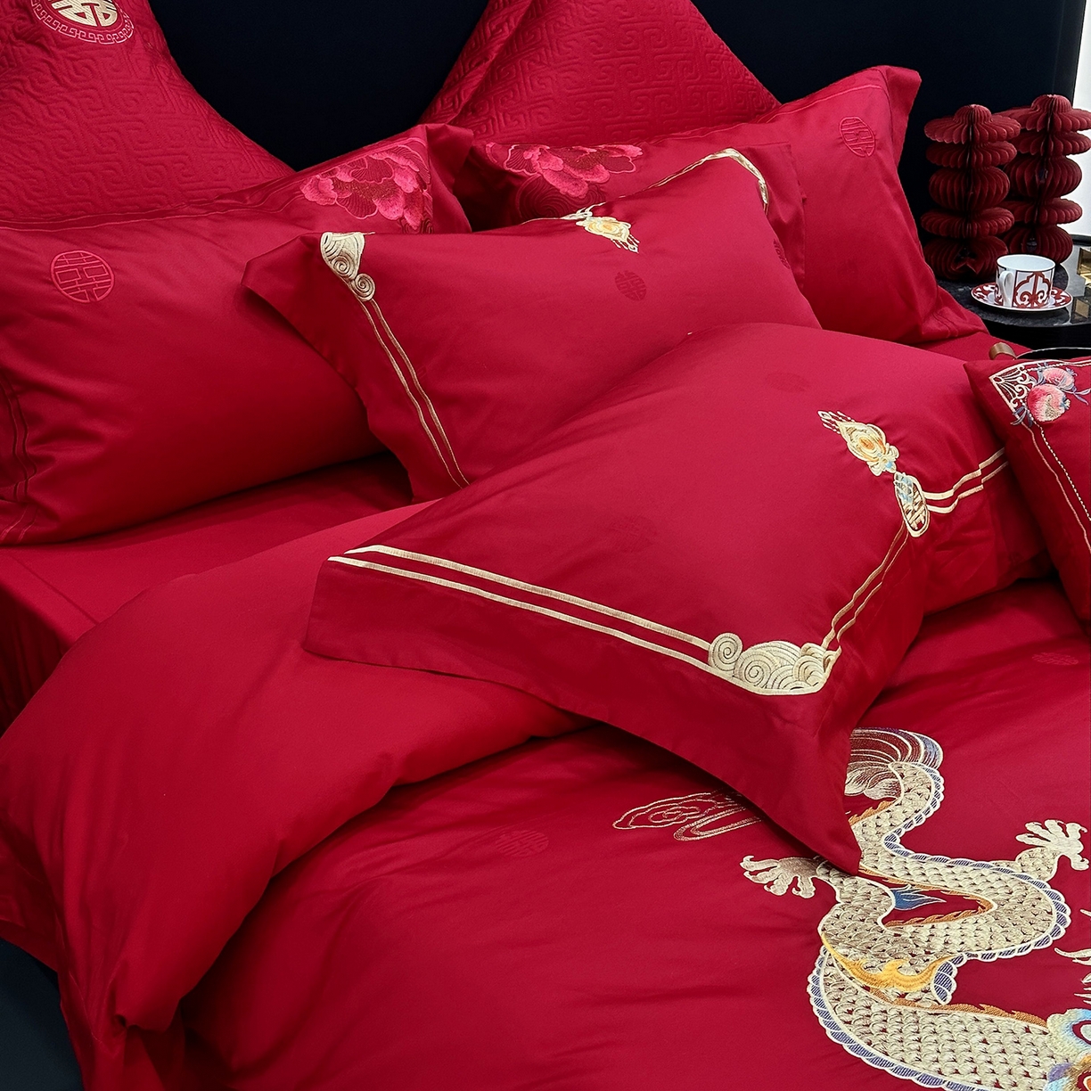 91家纺网 家纺一手货源 找家纺 JUICY 橘滋家纺 2026新款全棉提花高端婚庆刺绣传臻系列四件套多件套 龙凤良缘