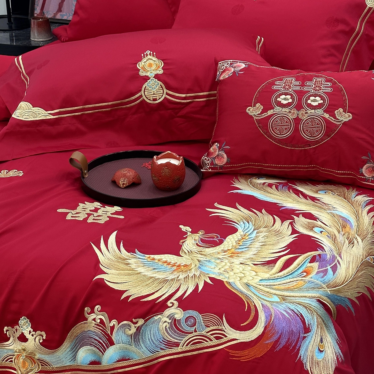 91家纺网 家纺一手货源 找家纺 JUICY 橘滋家纺 2026新款全棉提花高端婚庆刺绣传臻系列四件套多件套 龙凤良缘