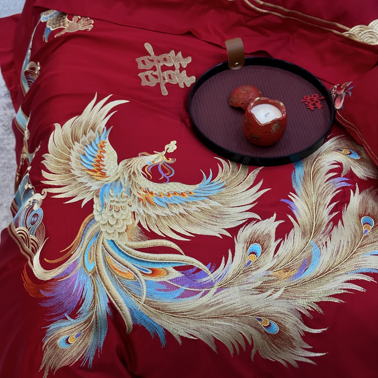 91家纺网 家纺一手货源 找家纺 JUICY 橘滋家纺 2026新款全棉提花高端婚庆刺绣传臻系列四件套多件套 龙凤良缘