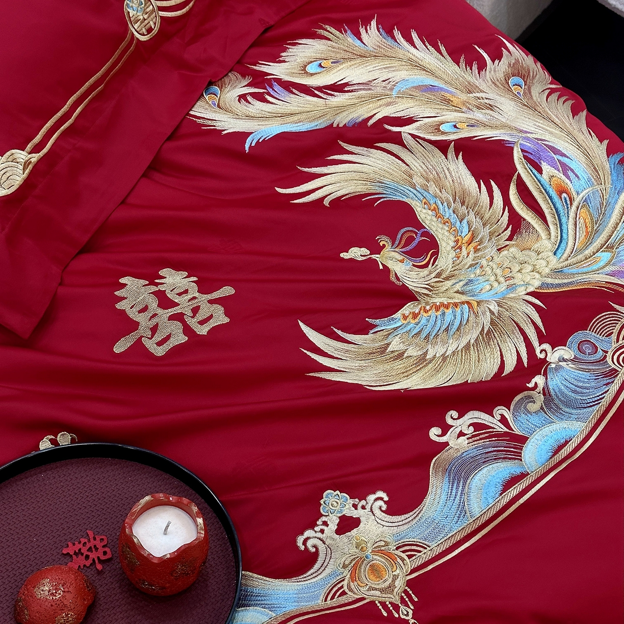 91家纺网 家纺一手货源 找家纺 JUICY 橘滋家纺 2026新款全棉提花高端婚庆刺绣传臻系列四件套多件套 龙凤良缘