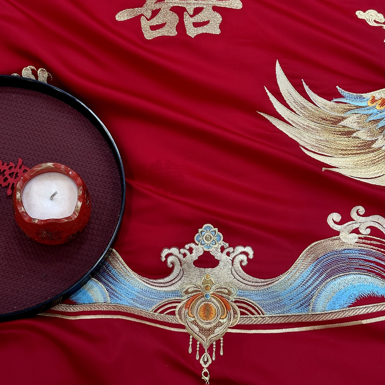 91家纺网 家纺一手货源 找家纺 JUICY 橘滋家纺 2026新款全棉提花高端婚庆刺绣传臻系列四件套多件套 龙凤良缘