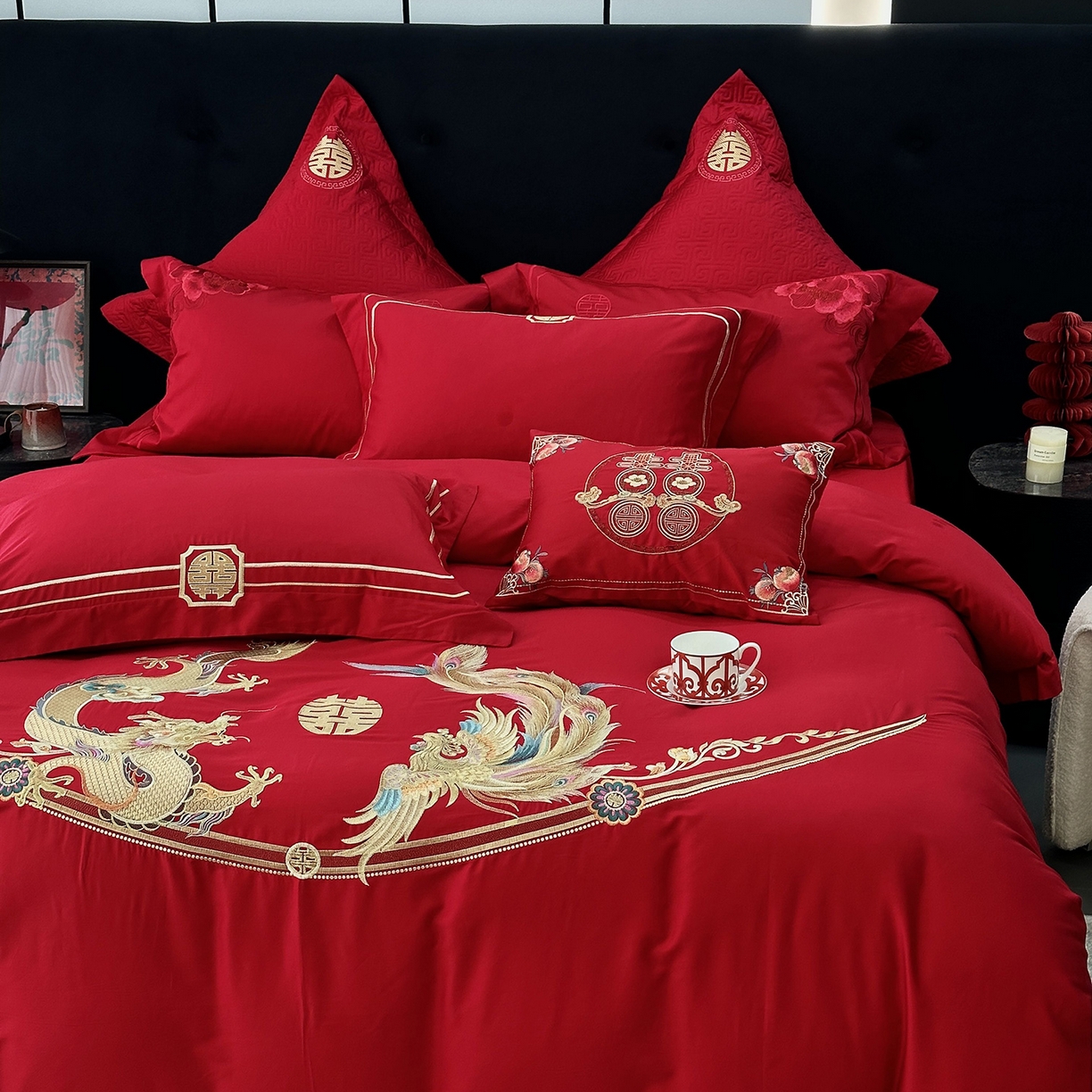 91家纺网 家纺一手货源 找家纺 JUICY 橘滋家纺 2026新款全棉提花高端婚庆刺绣传臻系列四件套多件套 龙华凤贵