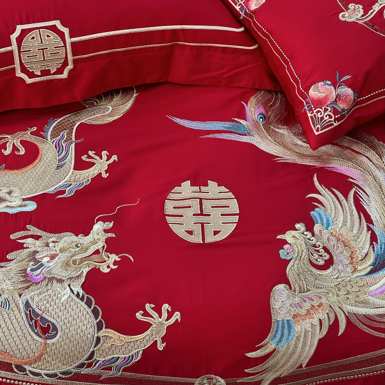 91家纺网 家纺一手货源 找家纺 JUICY 橘滋家纺 2026新款全棉提花高端婚庆刺绣传臻系列四件套多件套 龙华凤贵