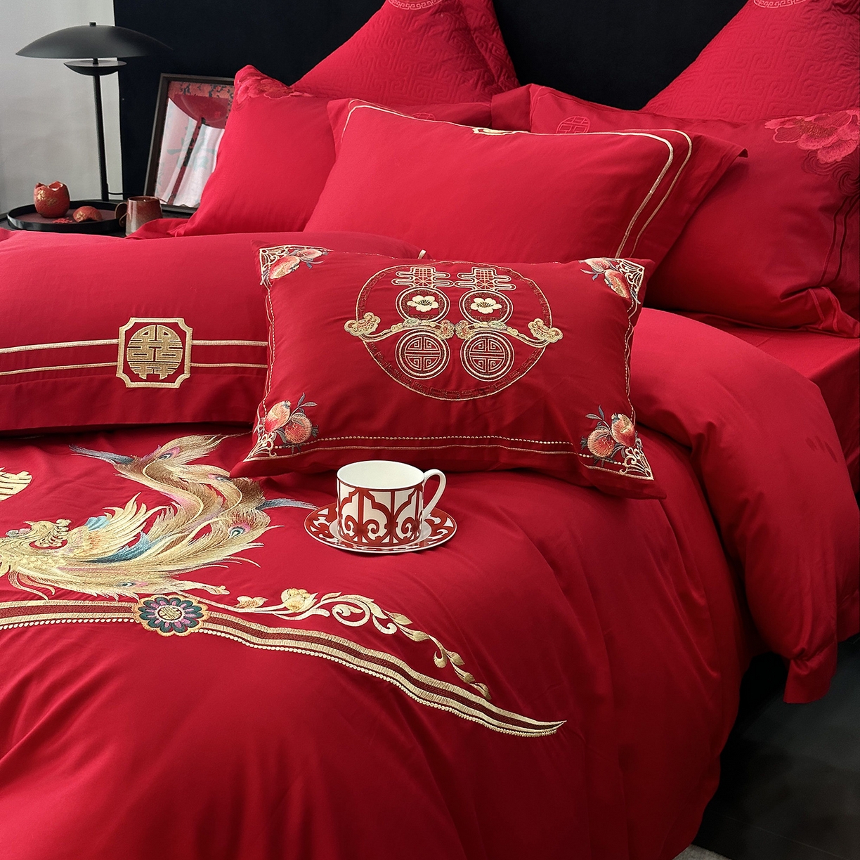 91家纺网 家纺一手货源 找家纺 JUICY 橘滋家纺 2026新款全棉提花高端婚庆刺绣传臻系列四件套多件套 龙华凤贵