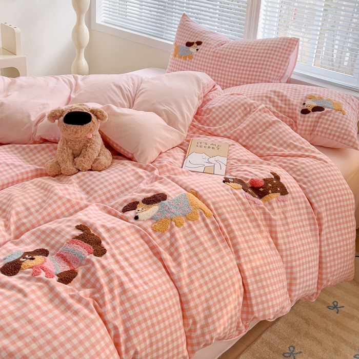 91家纺网 家纺一手货源 找家纺 （总）欧妮家纺 2025新款水洗棉毛巾绣床上用品四件套宿舍床三件套-可爱狗狗系列