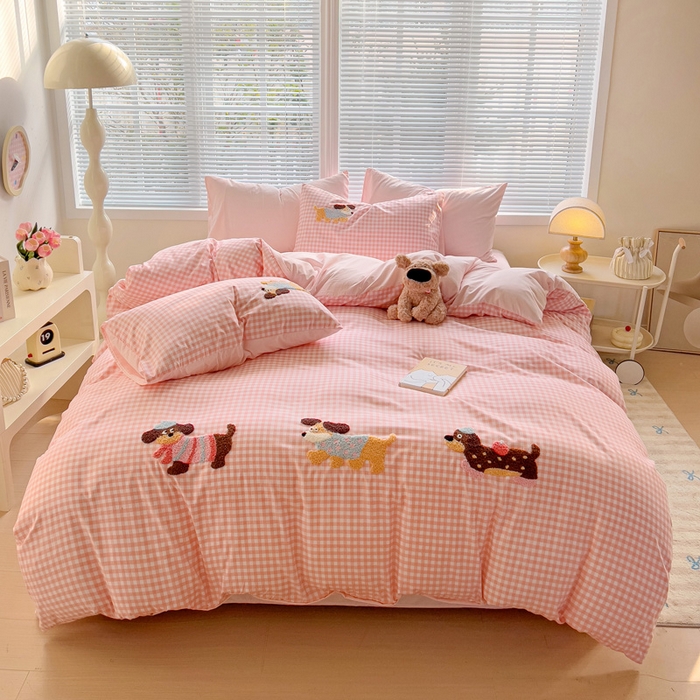 91家纺网 家纺一手货源 找家纺 （总）欧妮家纺 2025新款水洗棉毛巾绣床上用品四件套宿舍床三件套-可爱狗狗系列