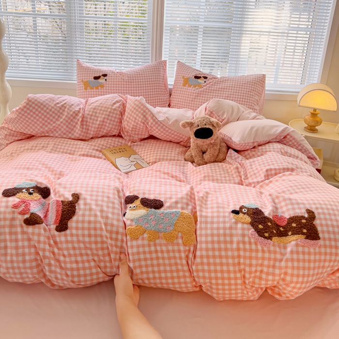 91家纺网 家纺一手货源 找家纺 （总）欧妮家纺 2025新款水洗棉毛巾绣床上用品四件套宿舍床三件套-可爱狗狗系列