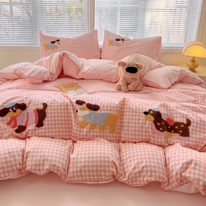 91家纺网 家纺一手货源 找家纺 （总）欧妮家纺 2025新款水洗棉毛巾绣床上用品四件套宿舍床三件套-可爱狗狗系列