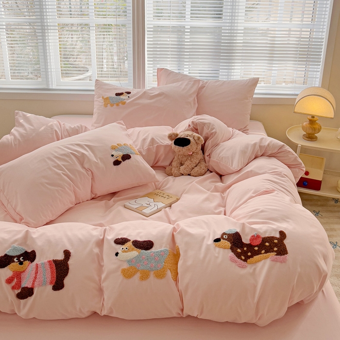 91家纺网 家纺一手货源 找家纺 （总）欧妮家纺 2025新款水洗棉毛巾绣床上用品四件套宿舍床三件套-可爱狗狗系列