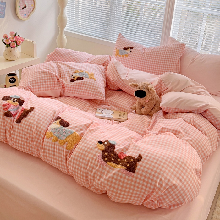 91家纺网 家纺一手货源 找家纺 （总）欧妮家纺 2025新款水洗棉毛巾绣床上用品四件套宿舍床三件套-可爱狗狗系列