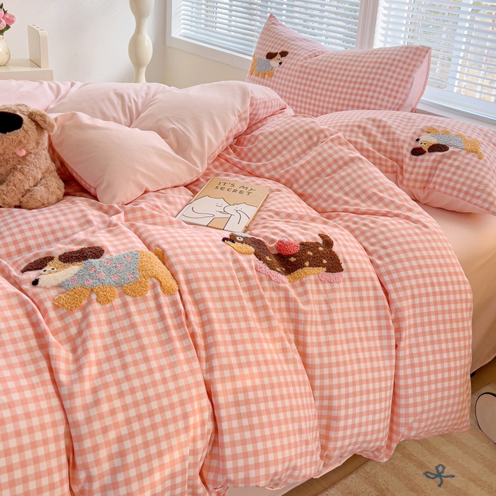 91家纺网 家纺一手货源 找家纺 （总）欧妮家纺 2025新款水洗棉毛巾绣床上用品四件套宿舍床三件套-可爱狗狗系列