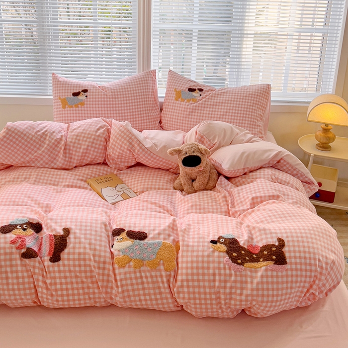 91家纺网 家纺一手货源 找家纺 （总）欧妮家纺 2025新款水洗棉毛巾绣床上用品四件套宿舍床三件套-可爱狗狗系列