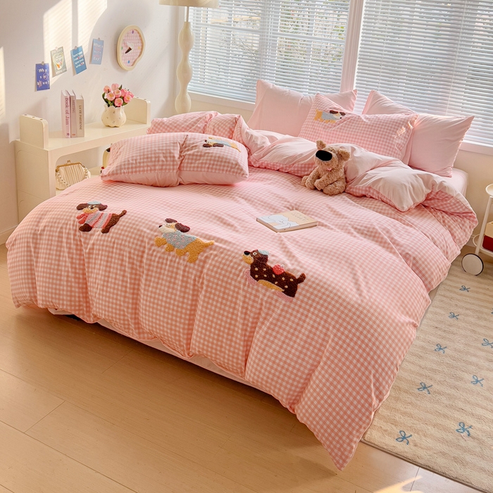 91家纺网 家纺一手货源 找家纺 （总）欧妮家纺 2025新款水洗棉毛巾绣床上用品四件套宿舍床三件套-可爱狗狗系列