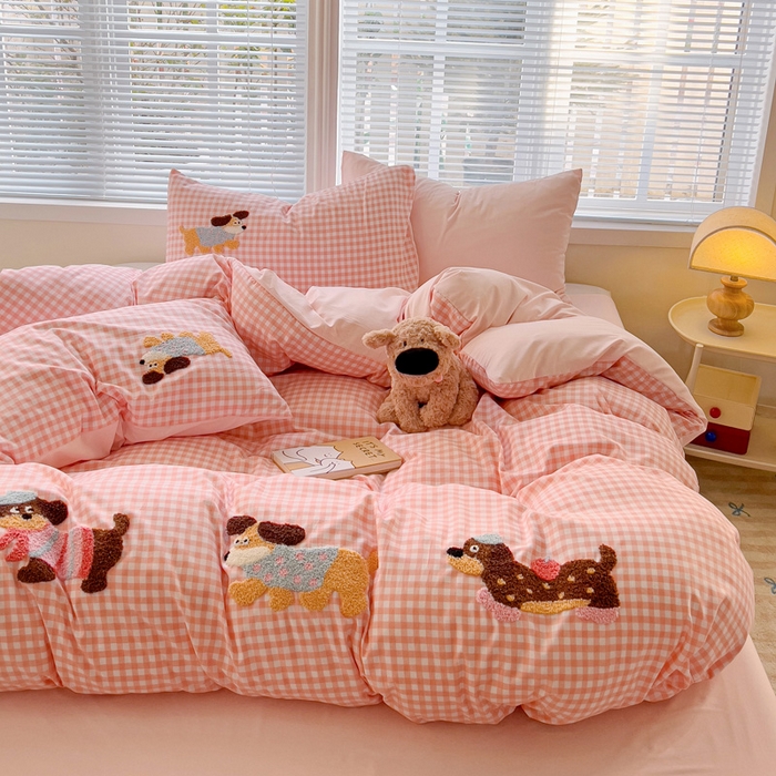 91家纺网 家纺一手货源 找家纺 （总）欧妮家纺 2025新款水洗棉毛巾绣床上用品四件套宿舍床三件套-可爱狗狗系列