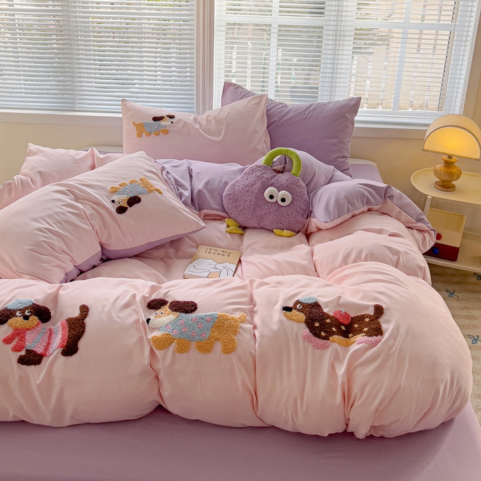 91家纺网 家纺一手货源 找家纺 （总）欧妮家纺 2025新款水洗棉毛巾绣床上用品四件套宿舍床三件套-可爱狗狗系列