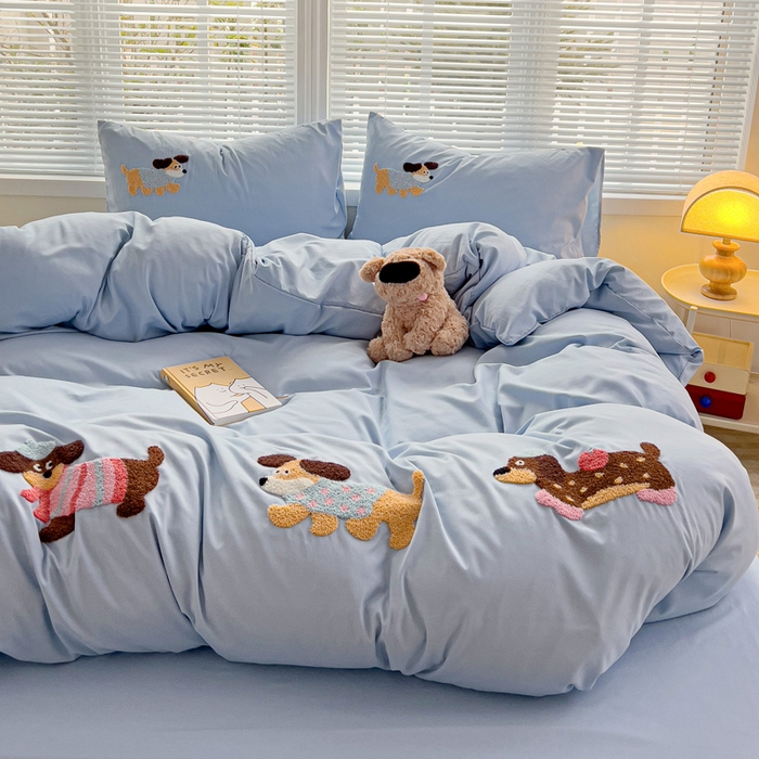 91家纺网 家纺一手货源 找家纺 （总）欧妮家纺 2025新款水洗棉毛巾绣床上用品四件套宿舍床三件套-可爱狗狗系列