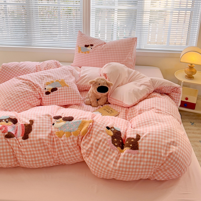 91家纺网 家纺一手货源 找家纺 （总）欧妮家纺 2025新款水洗棉毛巾绣床上用品四件套宿舍床三件套-可爱狗狗系列