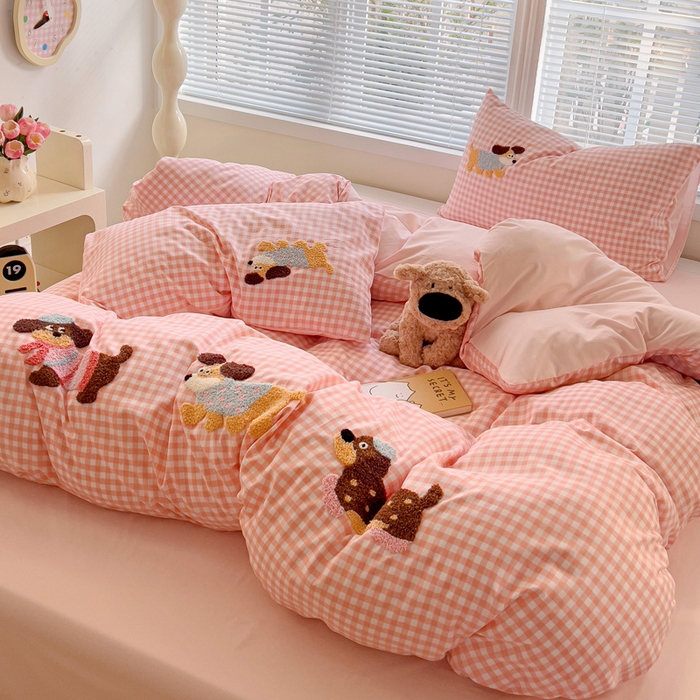 91家纺网 家纺一手货源 找家纺 （总）欧妮家纺 2025新款水洗棉毛巾绣床上用品四件套宿舍床三件套-可爱狗狗系列